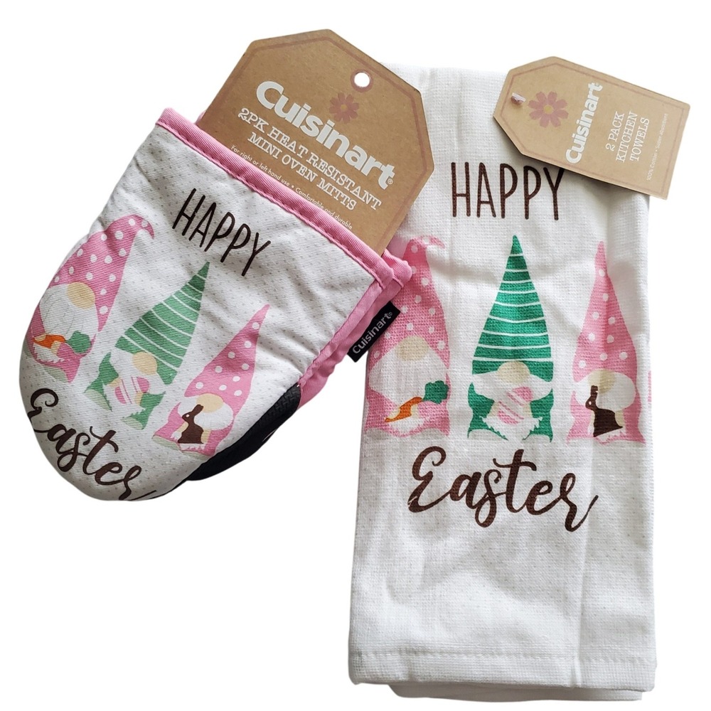 Cuisinart Easter Gnome Kitchen Set 2pk Towels & 2pk Mini Oven Mitts Pink Spring